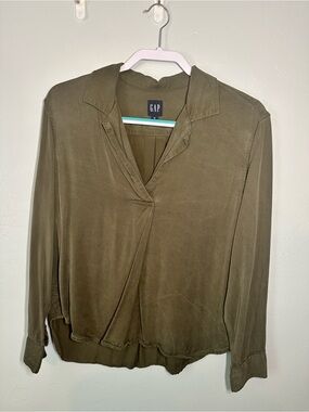 GAP Olive Draped Button-Down Blouse